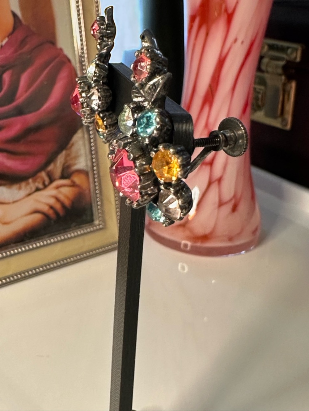 Vintage Coro Rhinestone Earrings Screw Back Multi Color Floral Cluster 1950s - Picture 7 of 16